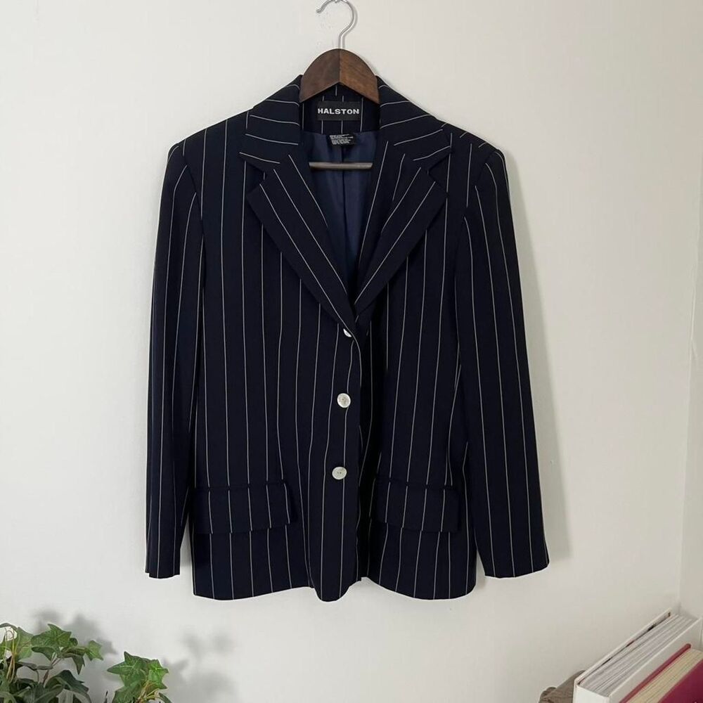 VTG Halston Women's Navy  Blue Pinstripe Blazer